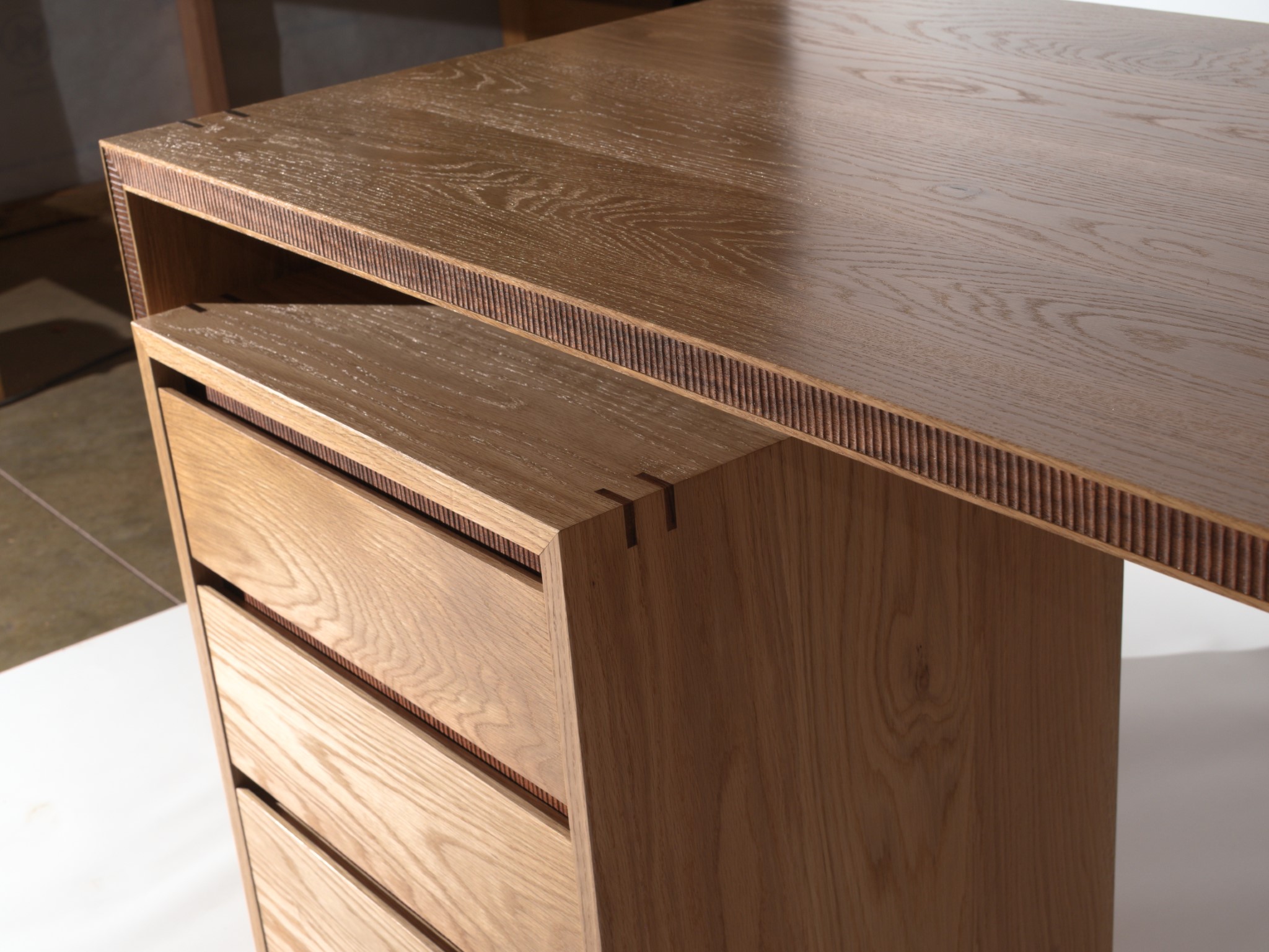 Melissa Custom Desk And Drawers Angle View Carved Detail