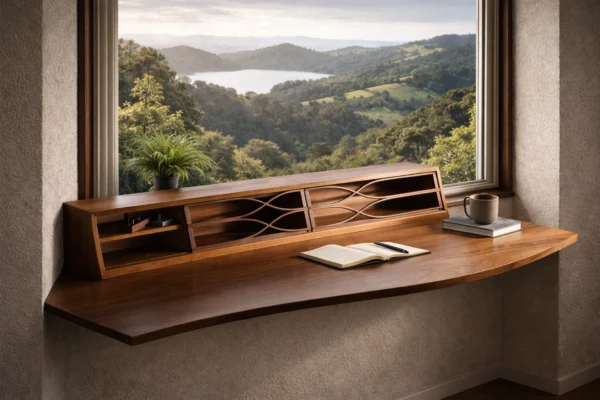 Wave Hutch Curved Walnut Lattice Handcrafted Detail